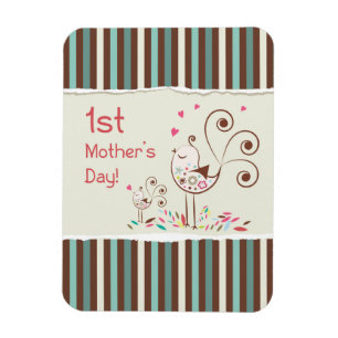 Happy First Mother’s Day, Cute Birds on Stripes Magnet