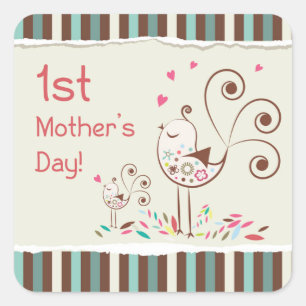Happy First Mother’s Day, Cute Birds on Stripes Square Sticker