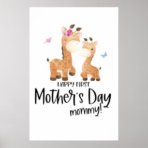Happy First Mother’s Day 🦒 Giraffe + Butterflies Poster
