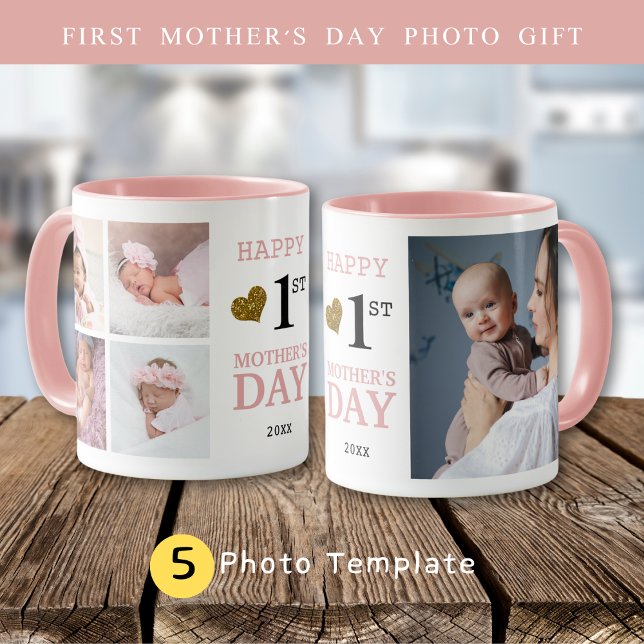 Happy First Mother's Day  5 Photo Collage  Pink  Mug (Happy First Mother's Day 5 Photo Collage Pink Mug
)