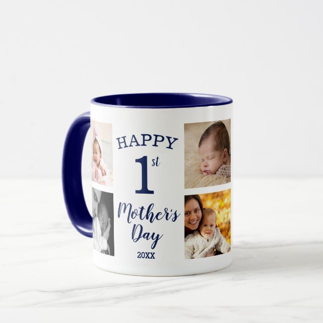 Happy First Mother's Day 8 Photo Collage Navy Blue Mug (Front Left)