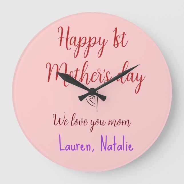 Happy first mothers day add name text mummy heart large clock (Front)