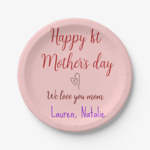 Happy first mothers day add name text mummy heart paper plate