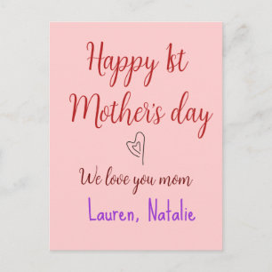 Happy first mothers day add name text mummy heart postcard