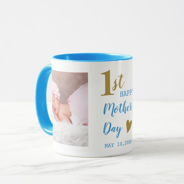 Happy First Mother's Day Blue And Gold  2 Photo  Mug (Front Left)