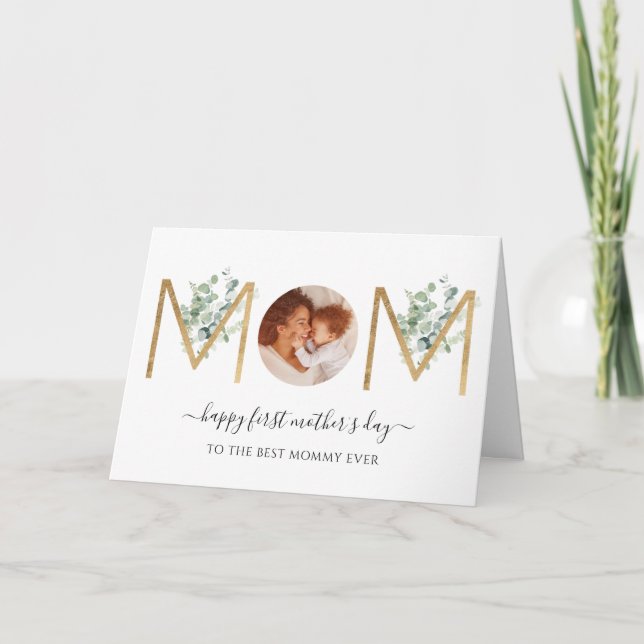 Happy First Mother's Day Botanical Letters Photo Card (Front)