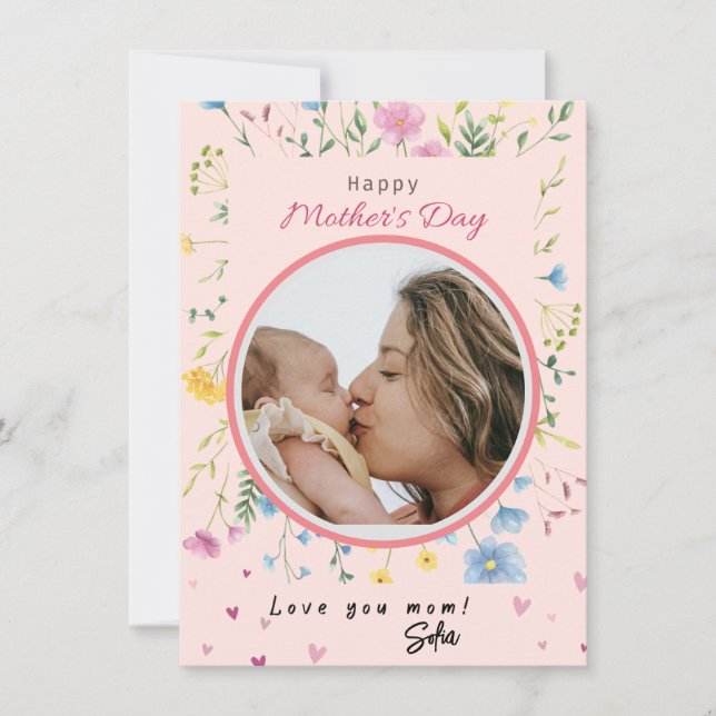 Happy First Mothers Day Cute Modern Flowers Photo Holiday Card (Front)