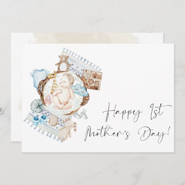 Happy First Mother's Day Floral Blue Boy Holiday Card (Front/Back)