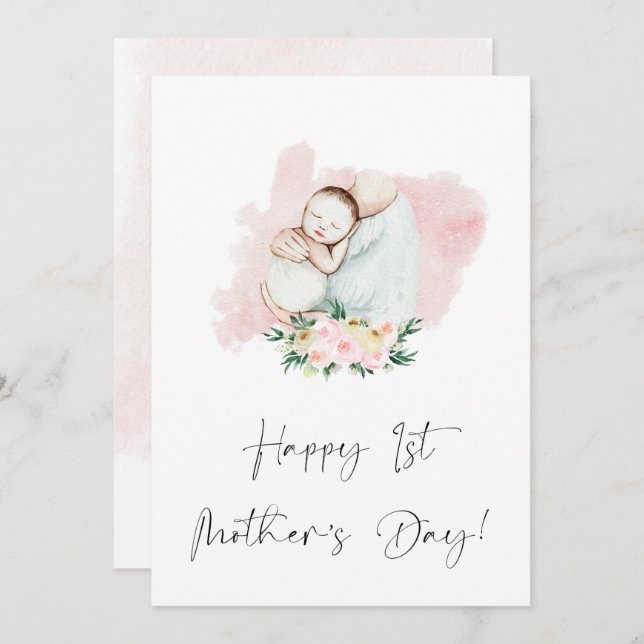 Happy First Mother's Day Floral Pink  Holiday Card (Front/Back)