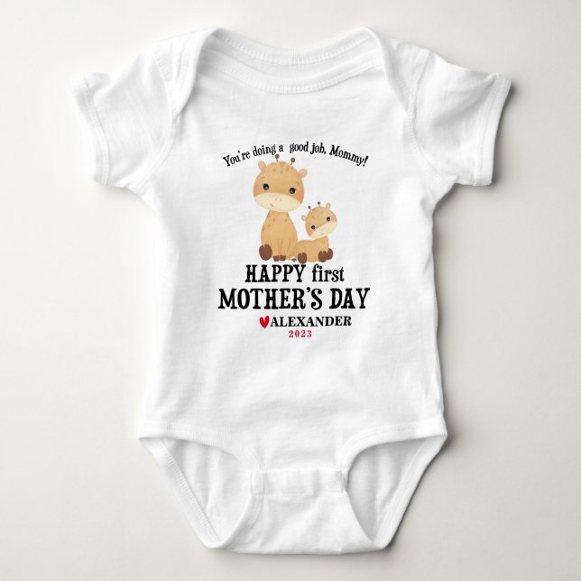 Happy First Mother's Day Giraffes With Name + Year Baby Bodysuit (Front)