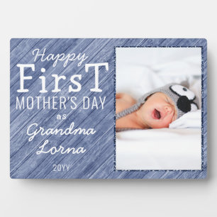 Happy First Mother's Day Grandma Photo Blue Wood Plaque