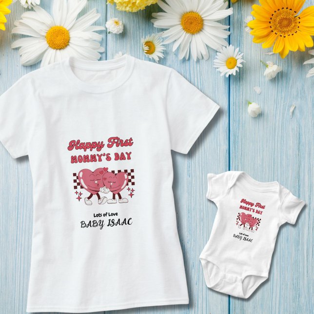 Happy First Mummy's Day with Heart and Baby Name Baby Bodysuit (Mom and baby matching clothes for celebration on first mother's day!)