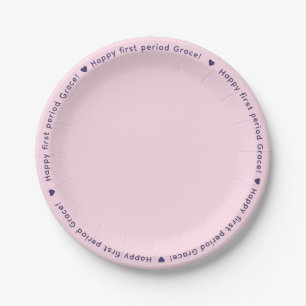 Happy First Period Party Pink Purple Name Border Paper Plate