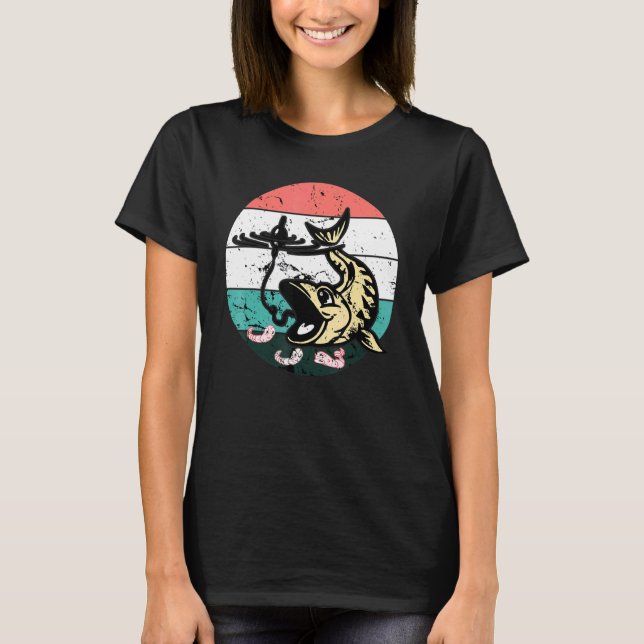 Happy Fish And Worm Fishing Farm Distressed Retro  T-Shirt (Front)