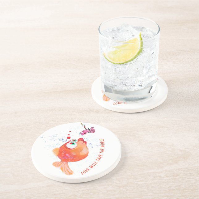 Happy Fish and Worm Funny Coaster - Custom Text (Side)