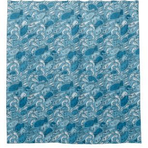 Happy Fish Pattern Blue Shower Curtain