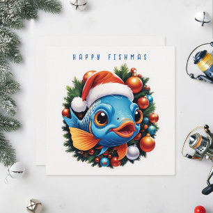 Happy fish wearing Santa hat. Holiday Card