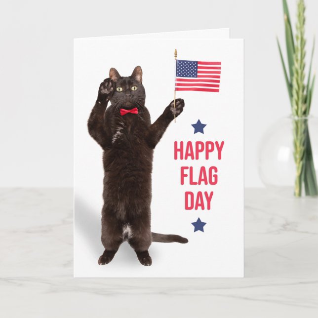 Happy Flag Day Funny Black Cat Holding Flag Holiday Card (Front)