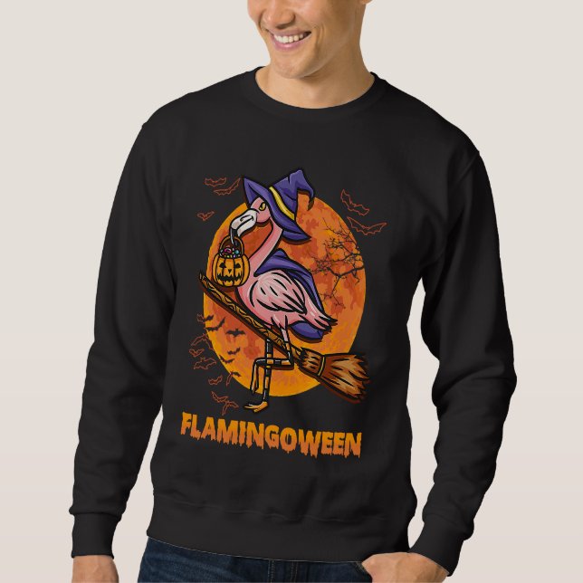 Happy Flamingoween Witch Pumpkin  Flamingo Hallowe Sweatshirt (Front)
