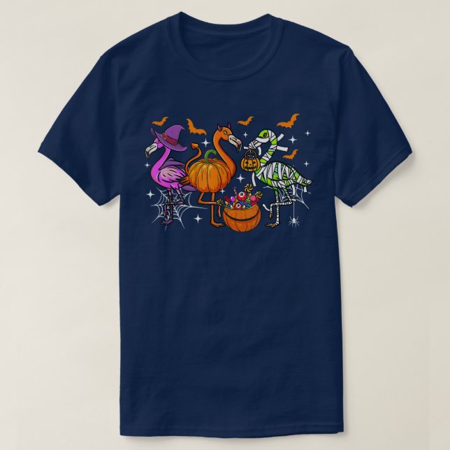 Happy Flamingoween Witch Pumpkin Mummy Flamingo Ha T-Shirt (Design Front)