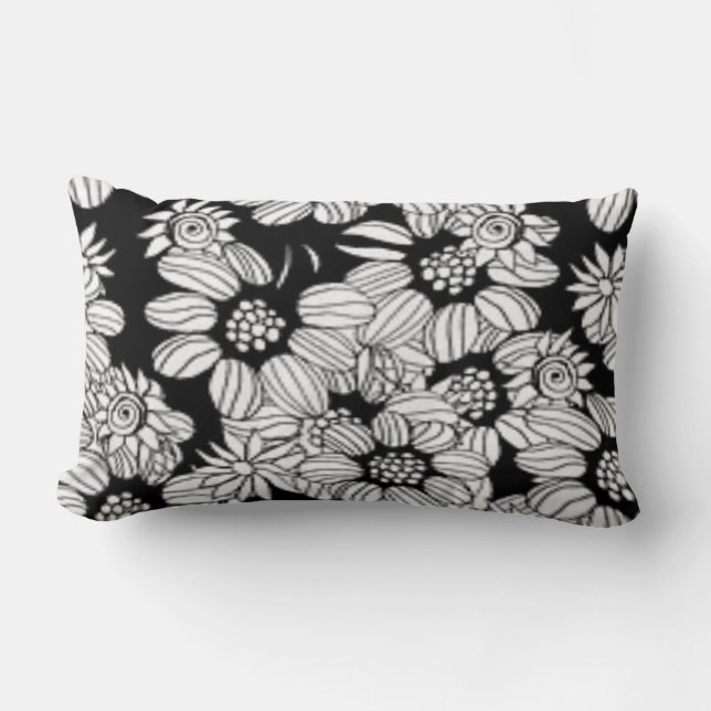 Happy Floral Black & White Trendy Print Lumbar Cushion (Front)