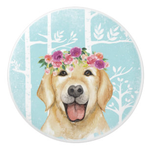 Happy Flower Animal in Blue Forest-Dog-Retriever Ceramic Knob