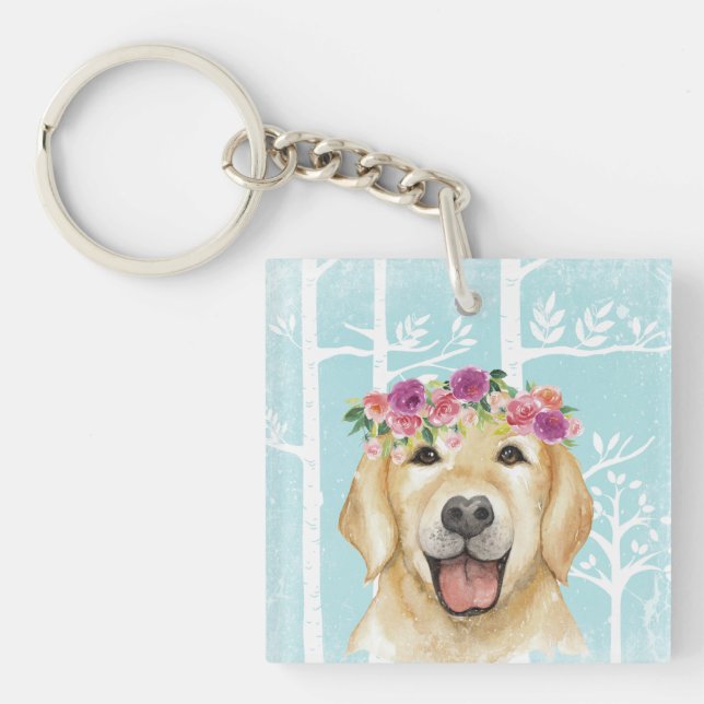 Happy Flower Animal in Blue Forest-Dog-Retriever Key Ring (Front)