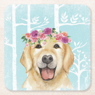 Happy Flower Animal in Blue Forest-Dog-Retriever Square Paper Coaster