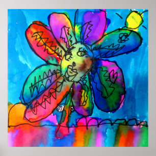 Happy flower kid's art pen and ink pink and blue poster