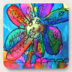 Happy Flower kid's art pink and blue pen and ink Coaster