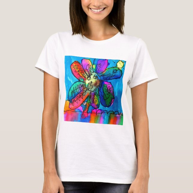 Happy Flower kid's art pink and blue pen and ink T-Shirt (Front)