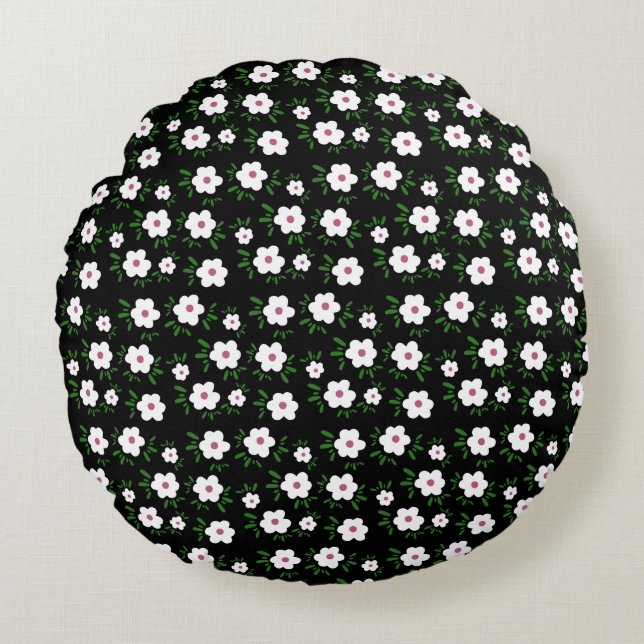 Happy Flowers on Black   Round Cushion (Front)