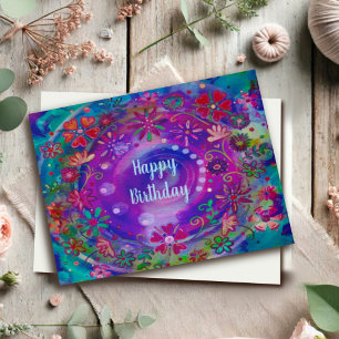 Happy Flowers Purple Colourful Birthday Wishes Card