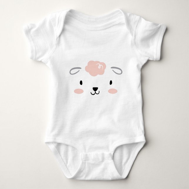 Happy Fluffy Pink Baby Sheep Face Baby Bodysuit (Front)