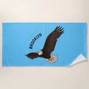 Happy flying bald eagle cartoon illustration beach towel