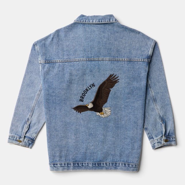 Happy flying bald eagle cartoon illustration denim jacket (Back)