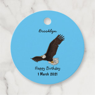 Happy flying bald eagle cartoon illustration favour tags