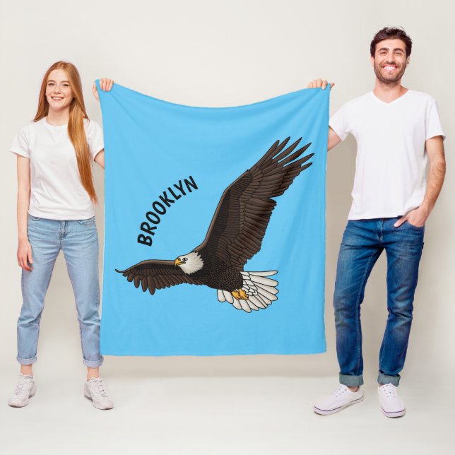 Happy flying bald eagle cartoon illustration fleece blanket (In Situ)