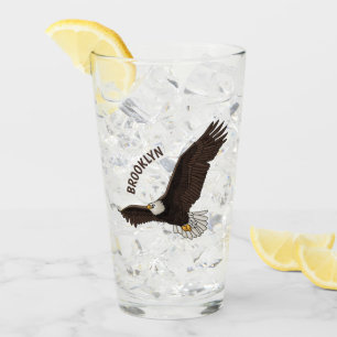 Happy flying bald eagle cartoon illustration glass