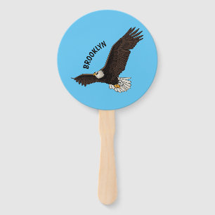 Happy flying bald eagle cartoon illustration hand fan