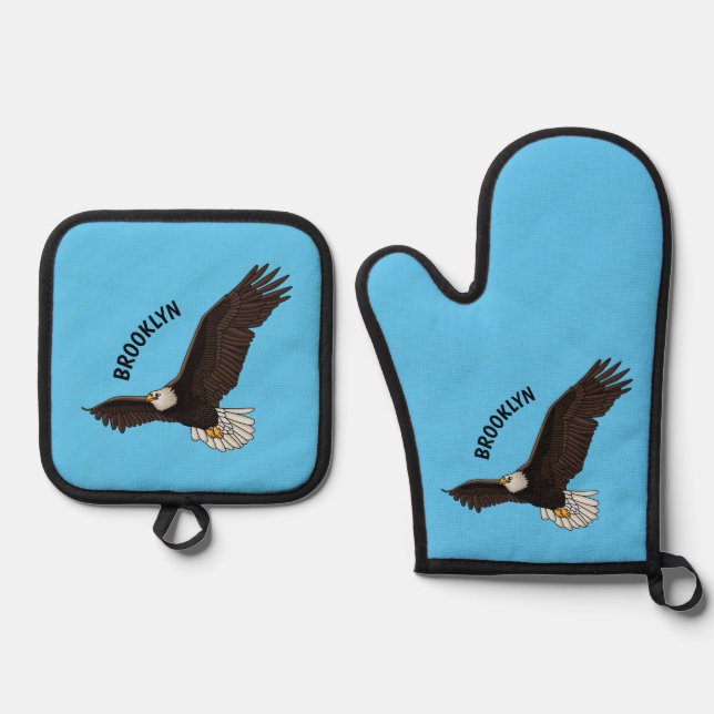 Happy flying bald eagle cartoon illustration oven mitt & pot holder set (Front)