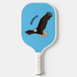 Happy flying bald eagle cartoon illustration pickleball paddle