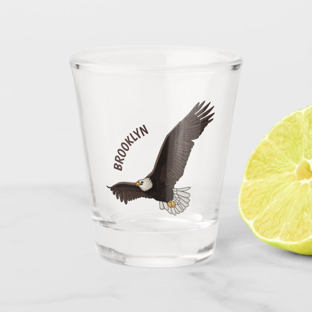 Happy flying bald eagle cartoon illustration shot glass (Front)