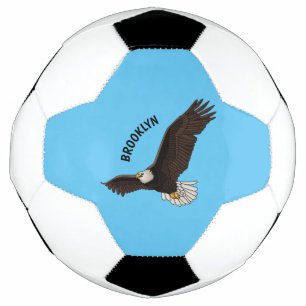Happy flying bald eagle cartoon illustration soccer ball