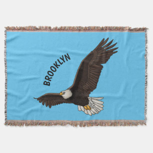 Happy flying bald eagle cartoon illustration throw blanket