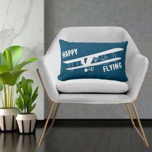 Happy Flying Typography & Aeroplane, Blue,Simple Lumbar Cushion