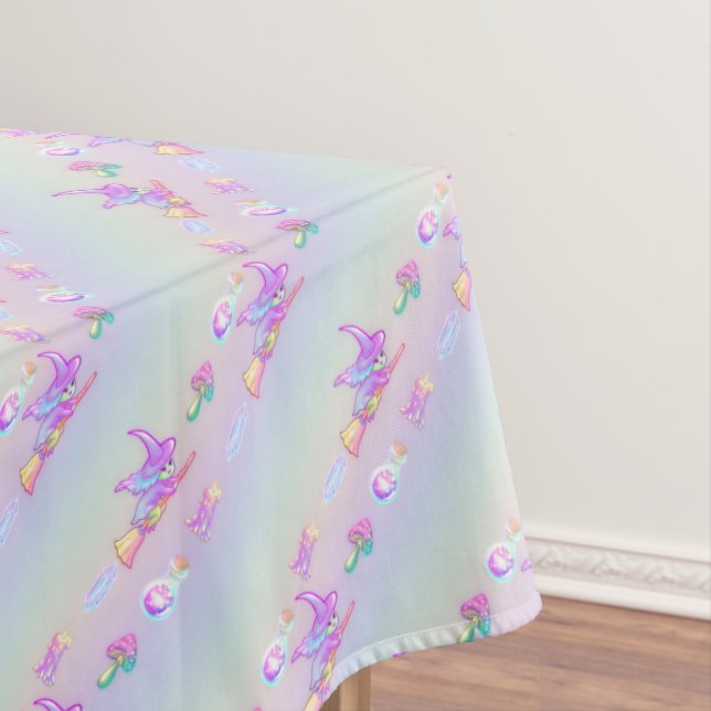 Happy Flying Witch Bright Pastel Rainbow Pattern Tablecloth (In Situ)