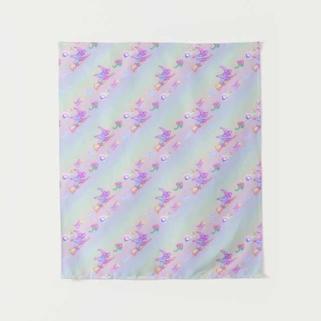 Happy Flying Witch Bright Pastel Rainbow Pattern Tapestry (Front)