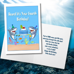Happy Fourth Birthday Sharks with Cake Card