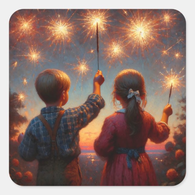Happy Fourth Children with Sparklers Personalised Square Sticker (Front)